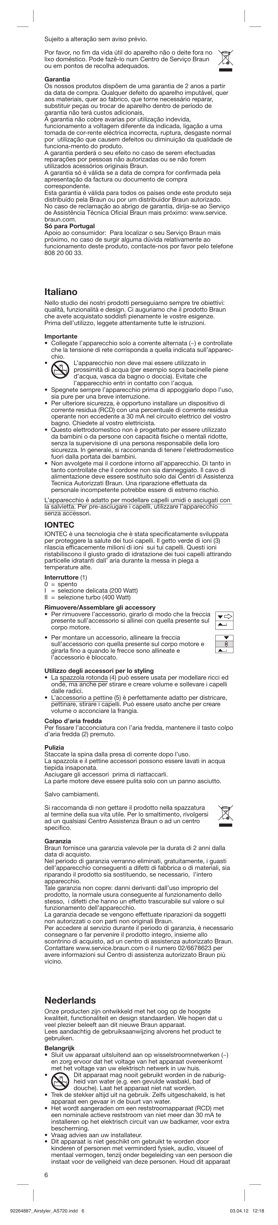 Italiano, Nederlands, Iontec | Braun AS720 Satin Hair 7 User Manual | Page 6 / 19