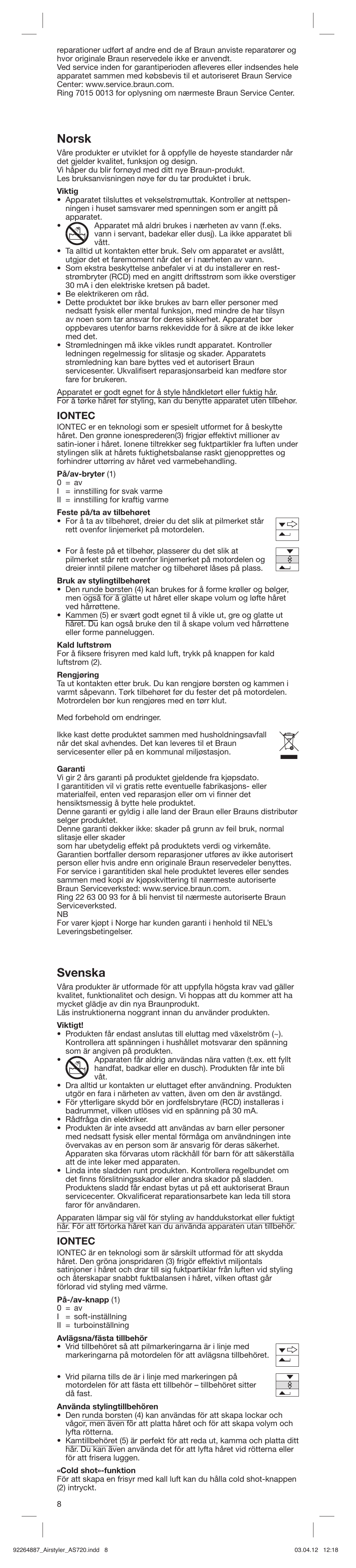 Norsk, Svenska, Iontec | Braun AS720 Satin Hair 7 User Manual | Page 8 / 19