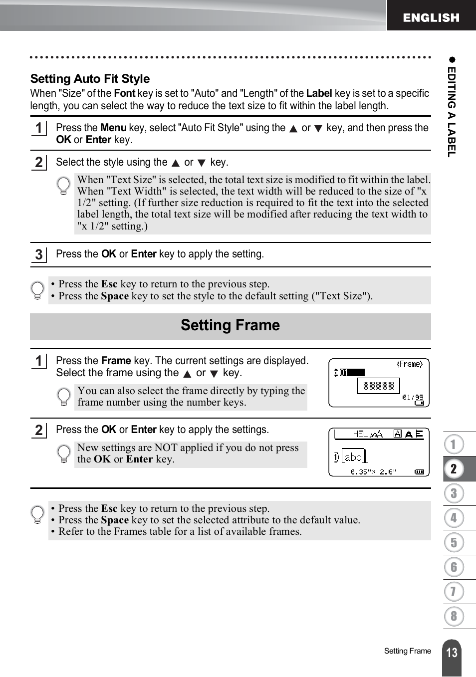 Setting auto fit style, Setting frame | Brother PT-H500 User Manual | Page 14 / 62