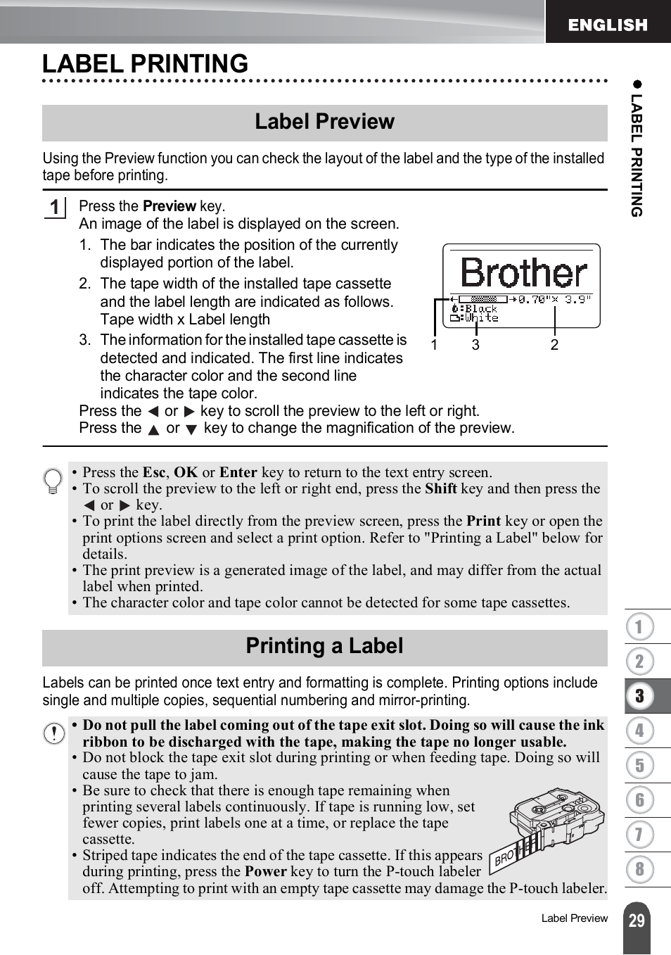 Label printing, Label preview, Printing a label | Label preview printing a label | Brother PT-H500 User Manual | Page 30 / 62