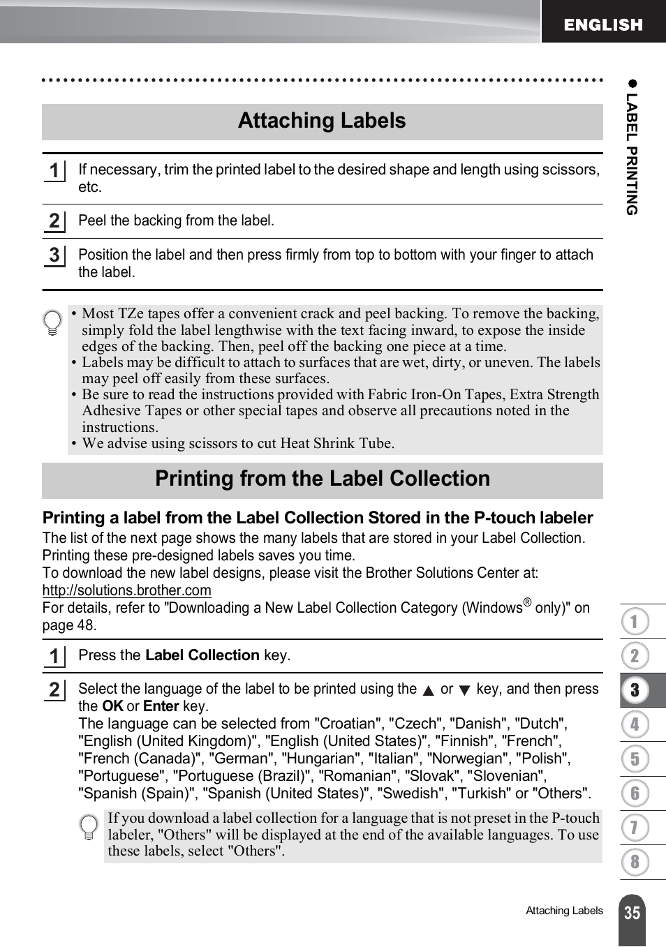 Attaching labels, Printing from the label collection | Brother PT-H500 User Manual | Page 36 / 62