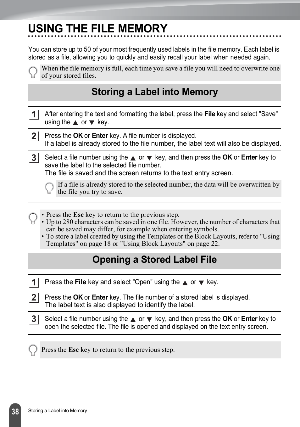 Using the file memory, Storing a label into memory, Opening a stored label file | Brother PT-H500 User Manual | Page 39 / 62