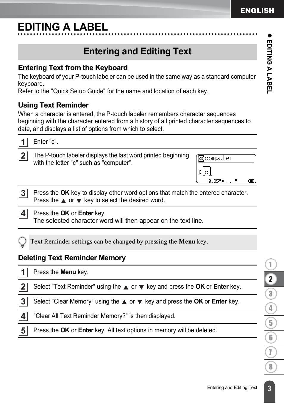 Editing a label, Entering and editing text, Entering text from the keyboard | Using text reminder, Deleting text reminder memory | Brother PT-H500 User Manual | Page 4 / 62