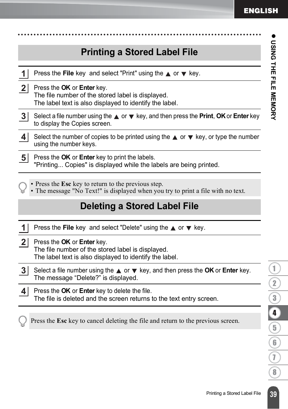 Printing a stored label file, Deleting a stored label file | Brother PT-H500 User Manual | Page 40 / 62