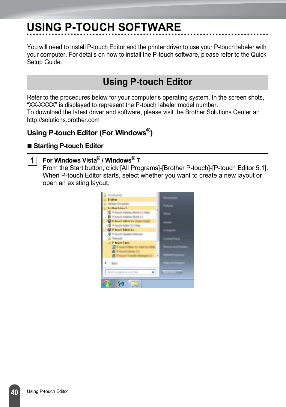 Using p-touch software, Using p-touch editor, Using p-touch editor (for windows®) | Using p-touch editor (for windows | Brother PT-H500 User Manual | Page 41 / 62