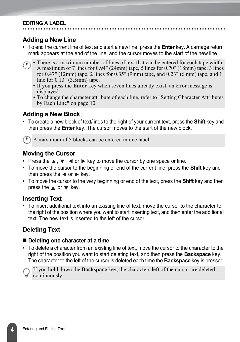 Adding a new line, Adding a new block, Moving the cursor | Inserting text, Deleting text | Brother PT-H500 User Manual | Page 5 / 62