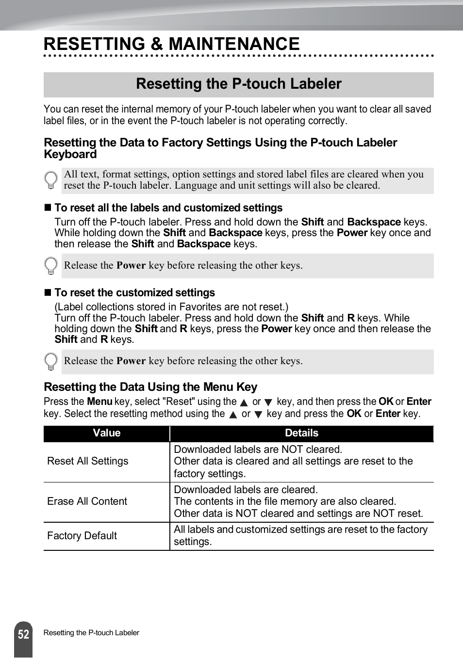 Resetting & maintenance, Resetting the p-touch labeler, Resetting the data using the menu key | Brother PT-H500 User Manual | Page 53 / 62