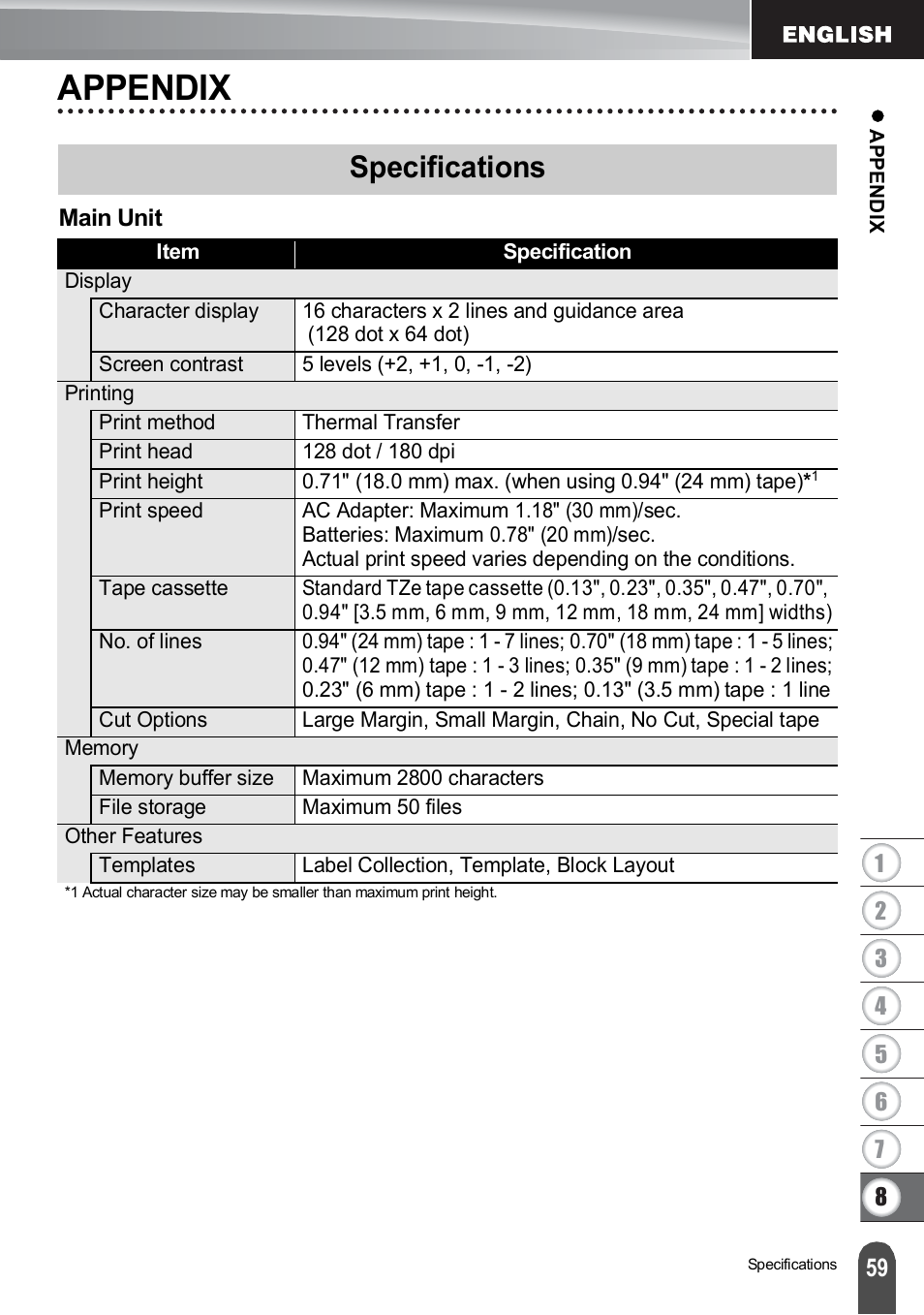 Appendix, Specifications | Brother PT-H500 User Manual | Page 60 / 62