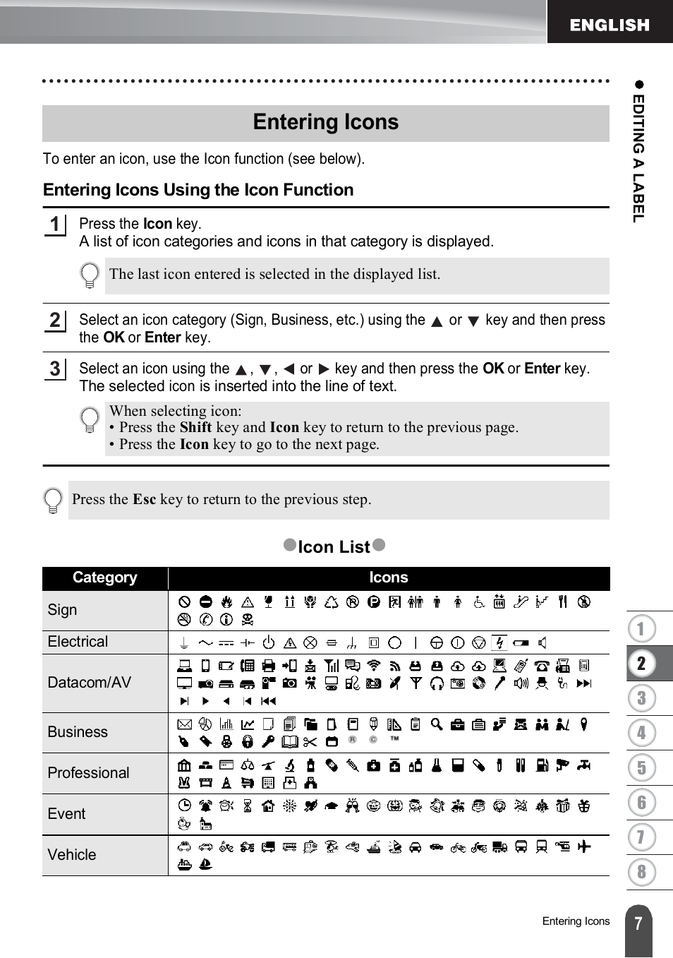 Entering icons, Entering icons using the icon function | Brother PT-H500 User Manual | Page 8 / 62