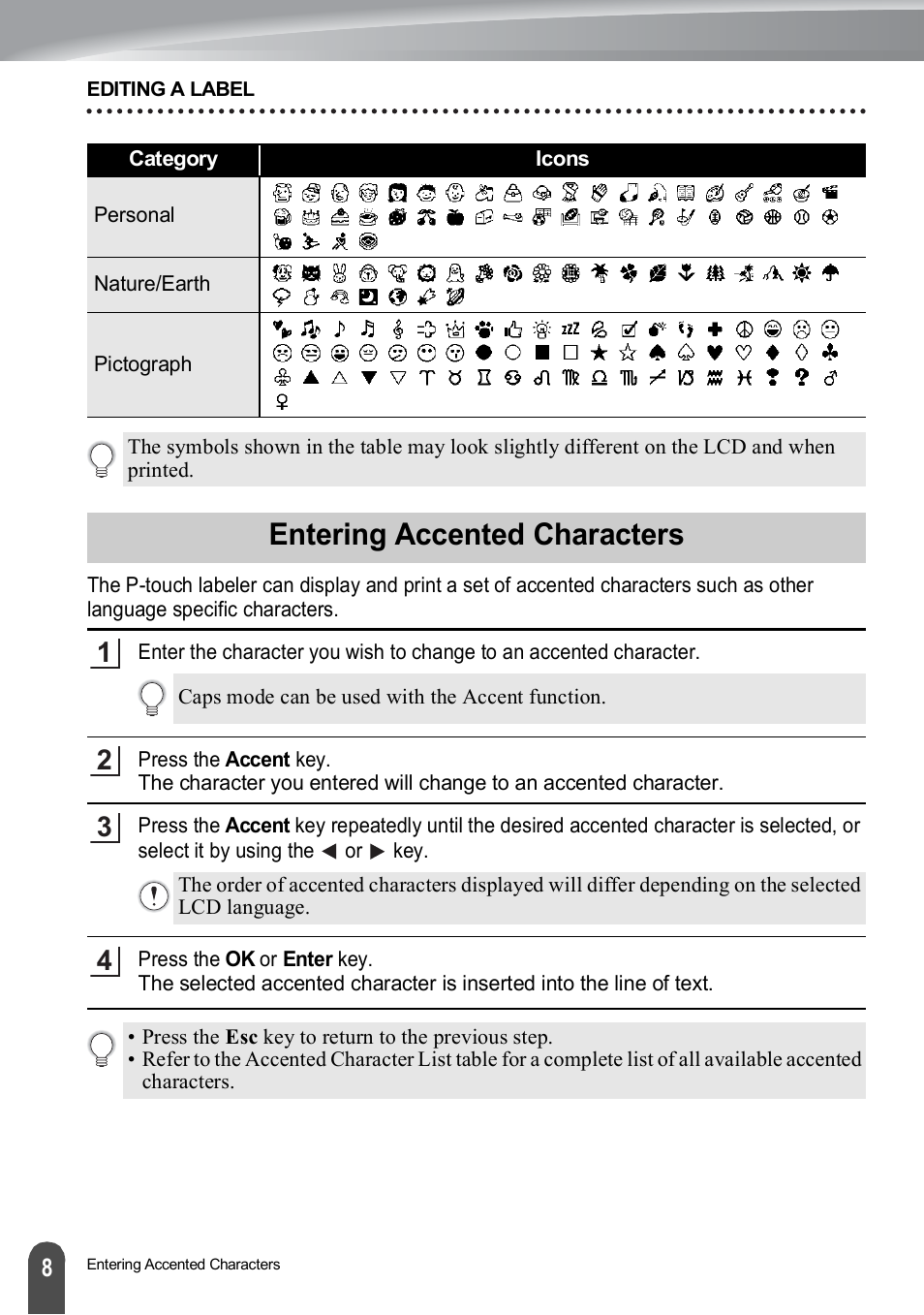 Entering accented characters | Brother PT-H500 User Manual | Page 9 / 62