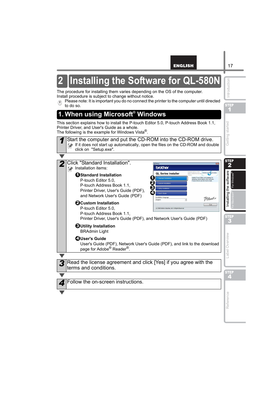 Installing the software for ql-580n, When using microsoft® windows, When using microsoft | 2 installing the software for ql-580n, Windows | Brother QL-580N User Manual | Page 23 / 100