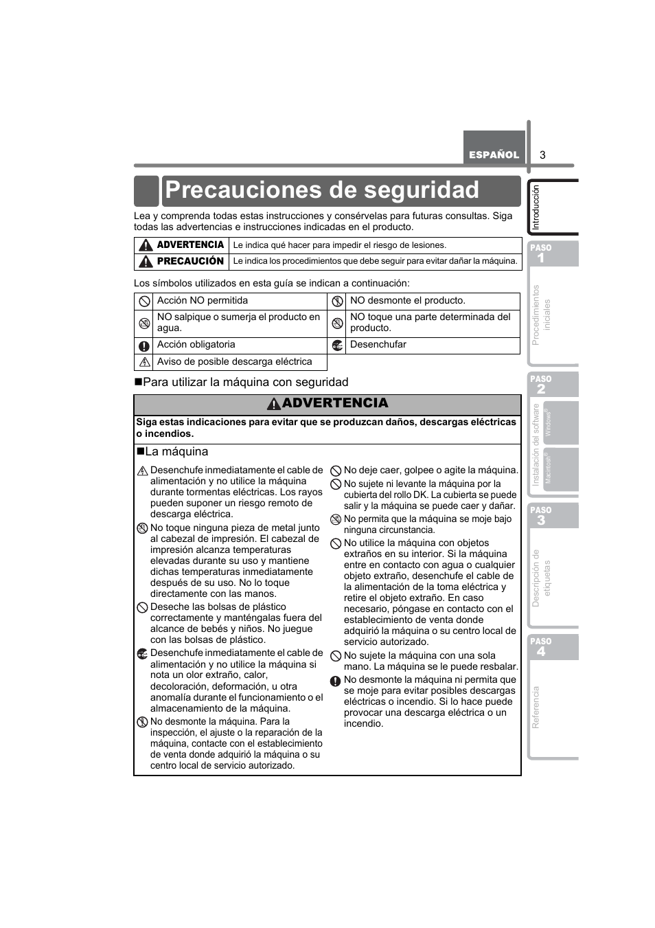 Precauciones de seguridad, Advertencia | Brother QL-580N User Manual | Page 55 / 100