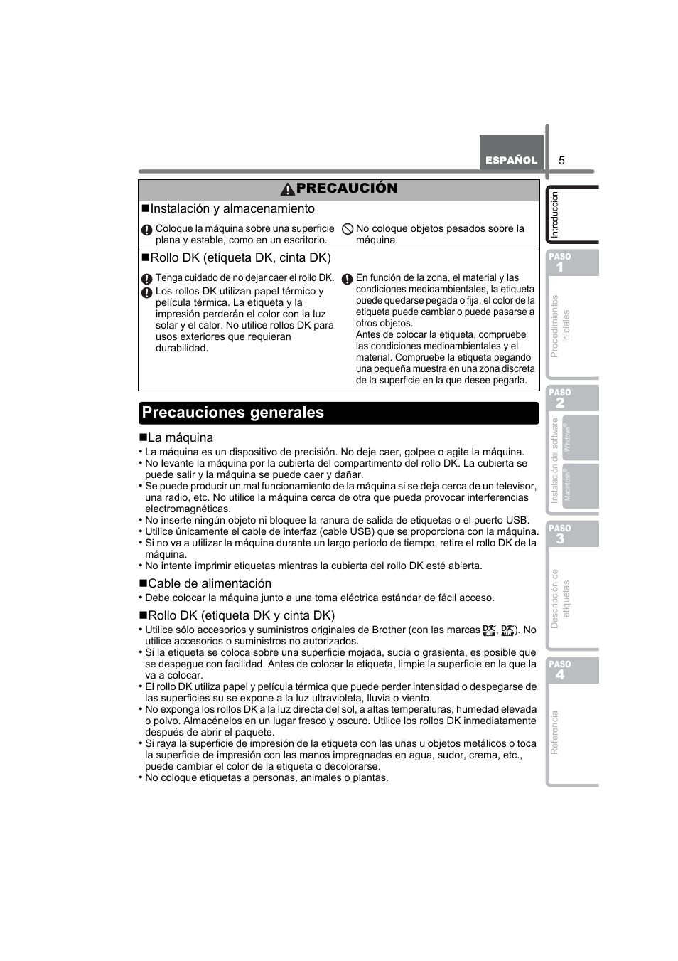 Precauciones generales, Precaución | Brother QL-580N User Manual | Page 57 / 100