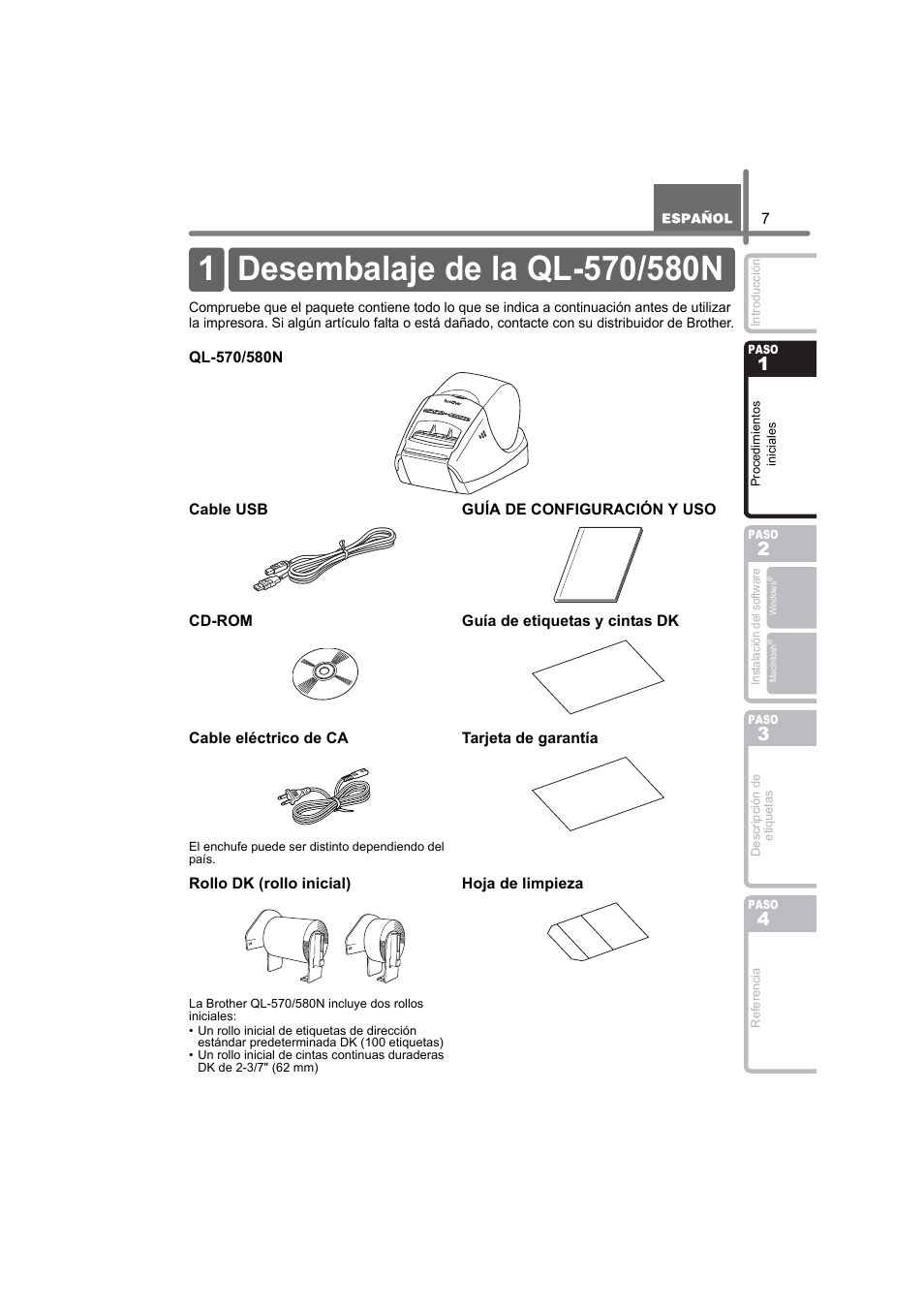 Procedimientos iniciales, Desembalaje de la ql-570/580n, Ocedimientos | Inic, Iales, Dimientos, Cial, Paso | Brother QL-580N User Manual | Page 59 / 100