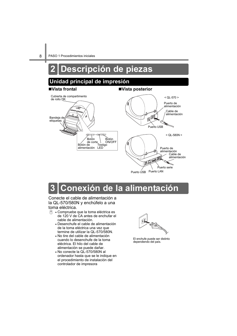 Descripción de piezas, Unidad principal de impresión, Conexión de la alimentación | 2 descripción de piezas, 3 conexión de la alimentación | Brother QL-580N User Manual | Page 60 / 100