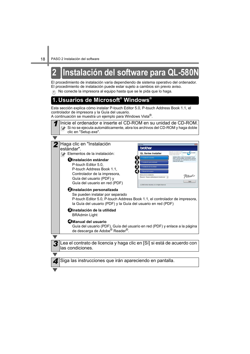 Instalación del software para ql-580n, Usuarios de microsoft® windows, Usuarios de microsoft | 2 instalación del software para ql-580n, Windows | Brother QL-580N User Manual | Page 70 / 100