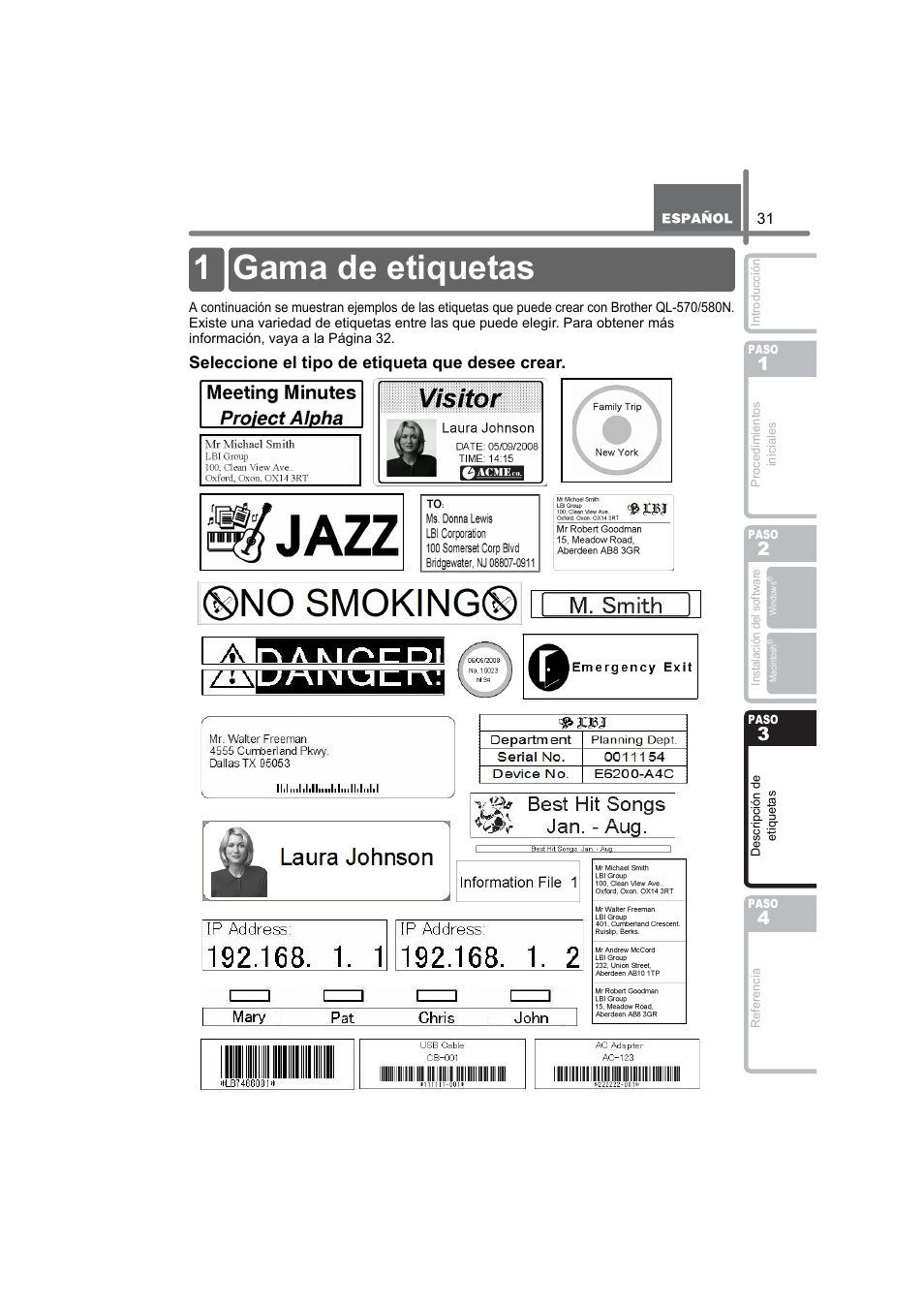 Descripción de etiquetas, Gama de etiquetas, Scripción de | Tique, Escripción, Etiq, Uetas, Paso, Scripción de e, Tiquet | Brother QL-580N User Manual | Page 83 / 100