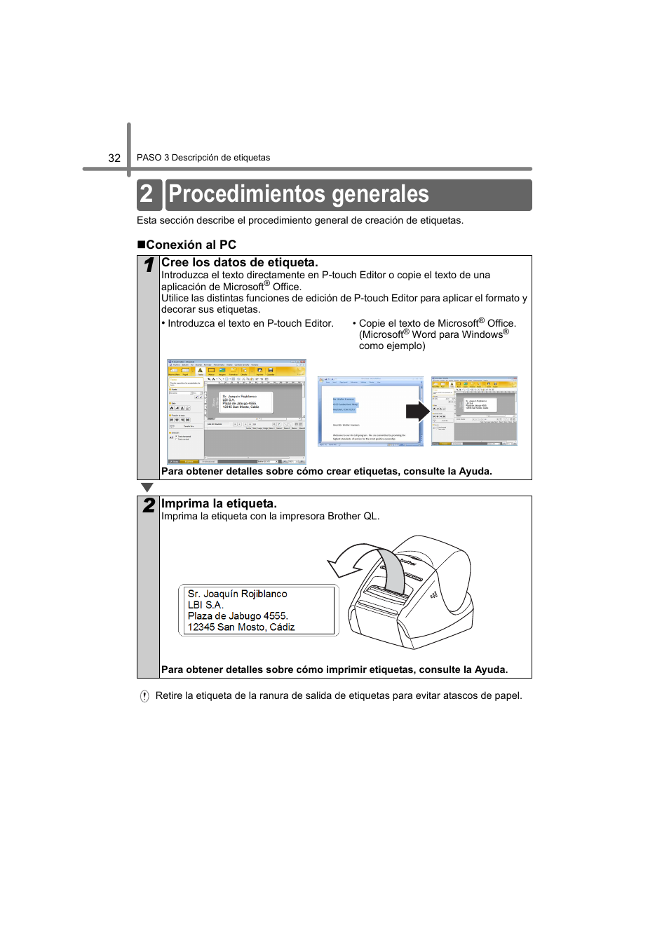 Procedimientos generales, 2 procedimientos generales | Brother QL-580N User Manual | Page 84 / 100