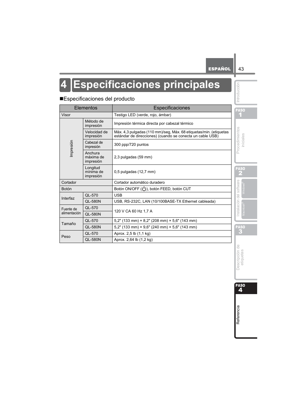 Especificaciones principales, 4 especificaciones principales, Especificaciones del producto | Brother QL-580N User Manual | Page 95 / 100
