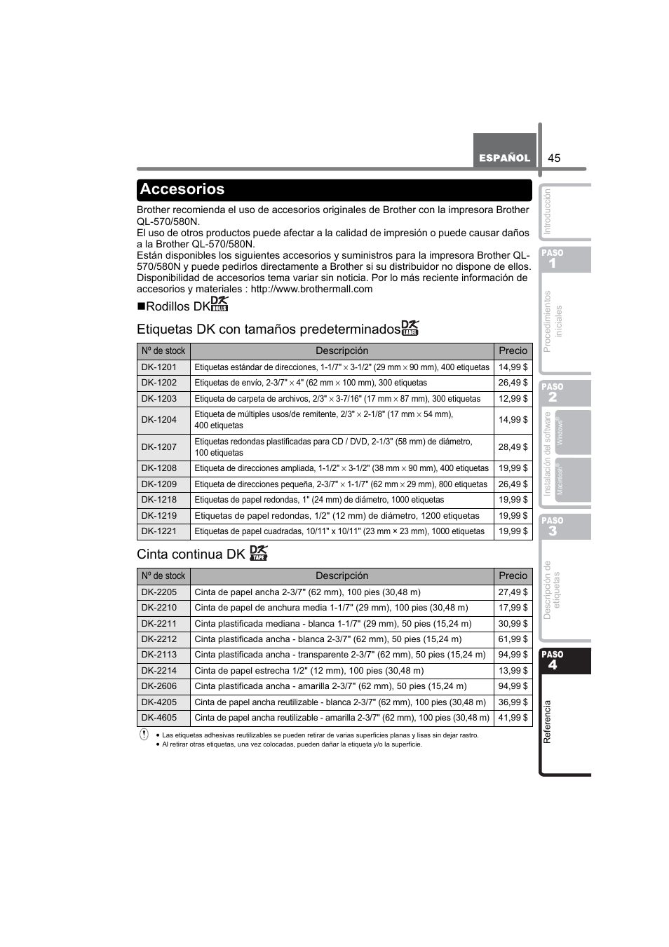 Accesorios, Rodillos dk | Brother QL-580N User Manual | Page 97 / 100