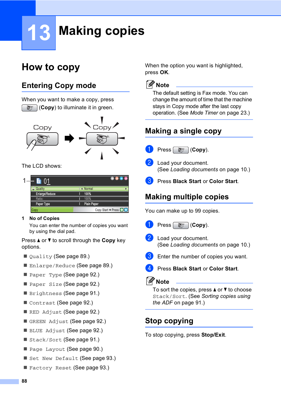 13 making copies, How to copy, Entering copy mode | Making a single copy, Making multiple copies, Stop copying, Making copies | Brother MFC-885CW User Manual | Page 104 / 218