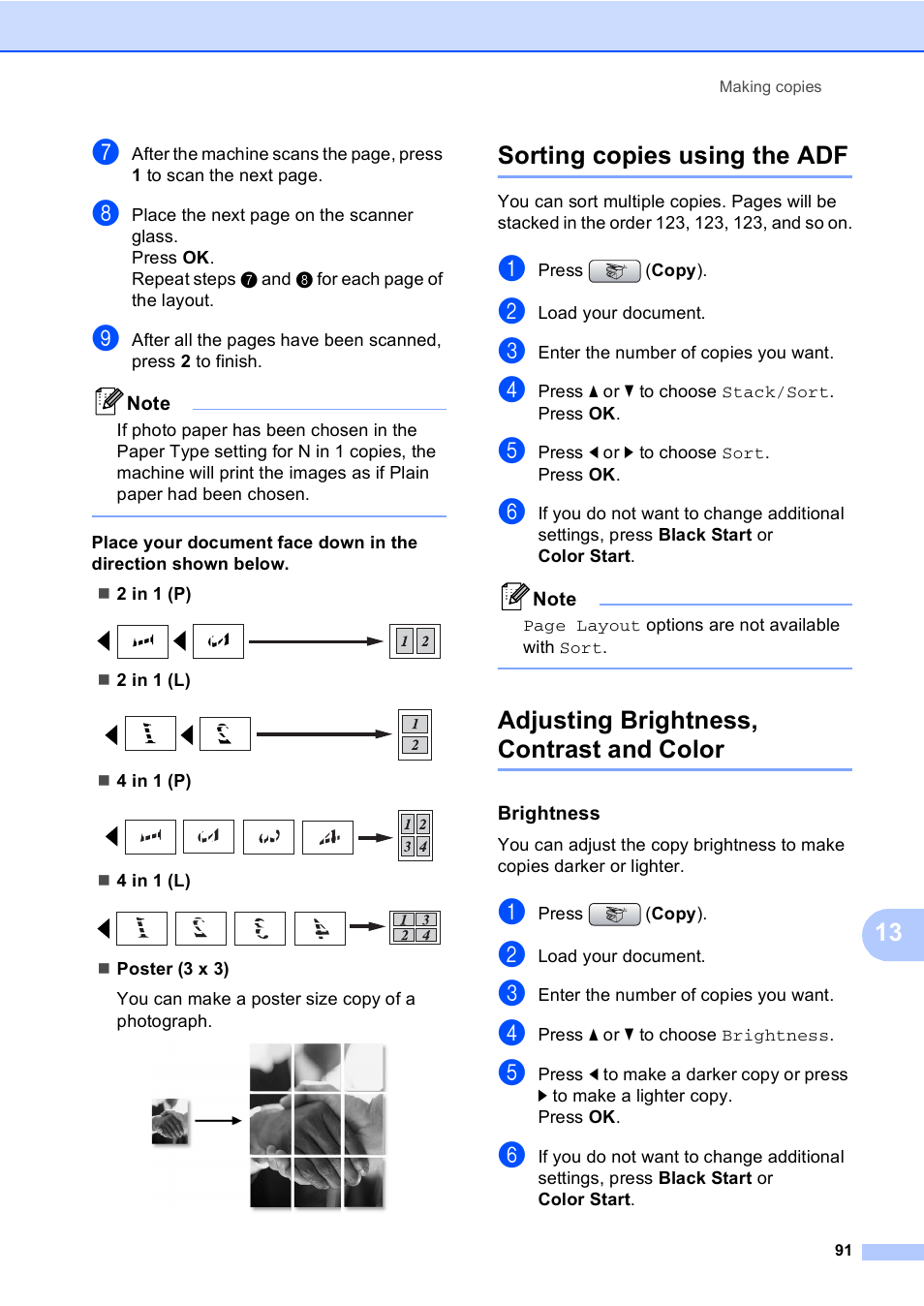 Sorting copies using the adf, Adjusting brightness, contrast and color, Brightness | Sorting copies using | Brother MFC-885CW User Manual | Page 107 / 218