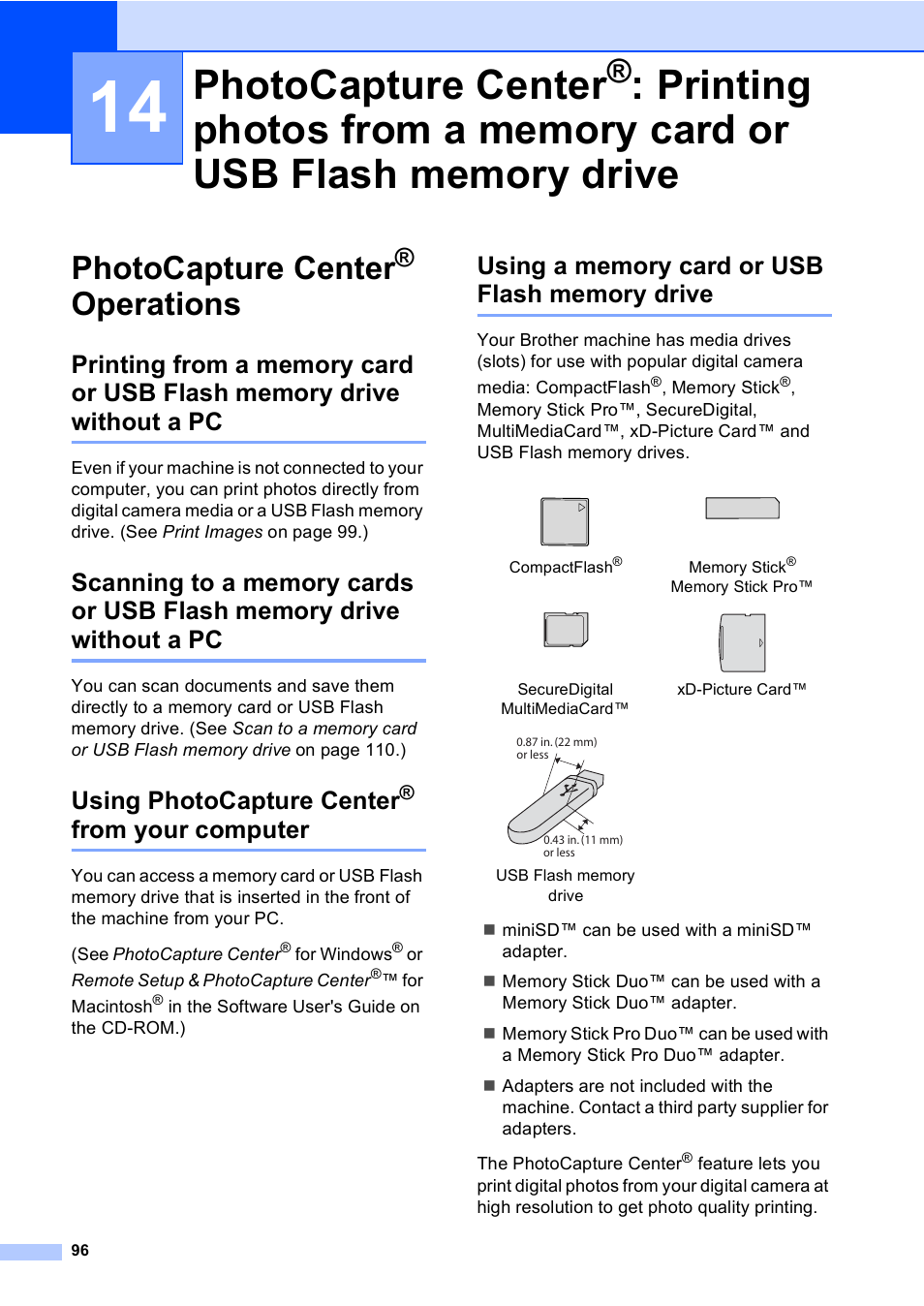 Photocapture center® operations, Using photocapture center® from your computer, Using a memory card or usb flash memory drive | Photocapture center, Printing photos from a memory card, Or usb flash memory drive, Operations, From your computer, Using photocapture center | Brother MFC-885CW User Manual | Page 112 / 218