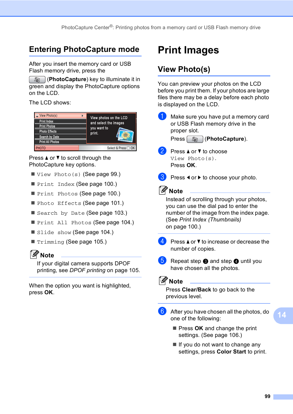 Entering photocapture mode, Print images, View photo(s) | 14 entering photocapture mode | Brother MFC-885CW User Manual | Page 115 / 218