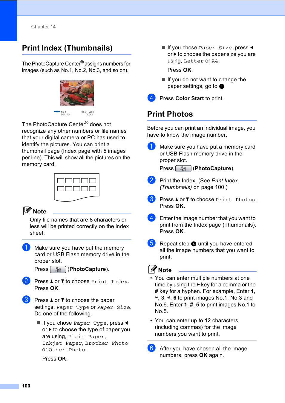 Print index (thumbnails), Print photos, Print index (thumbnails) print photos | Brother MFC-885CW User Manual | Page 116 / 218