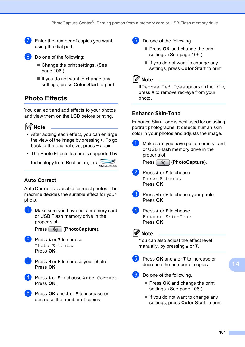 Photo effects, Auto correct, Enhance skin-tone | Brother MFC-885CW User Manual | Page 117 / 218