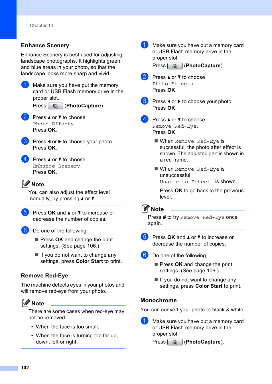 Enhance scenery, Remove red-eye, Monochrome | Brother MFC-885CW User Manual | Page 118 / 218