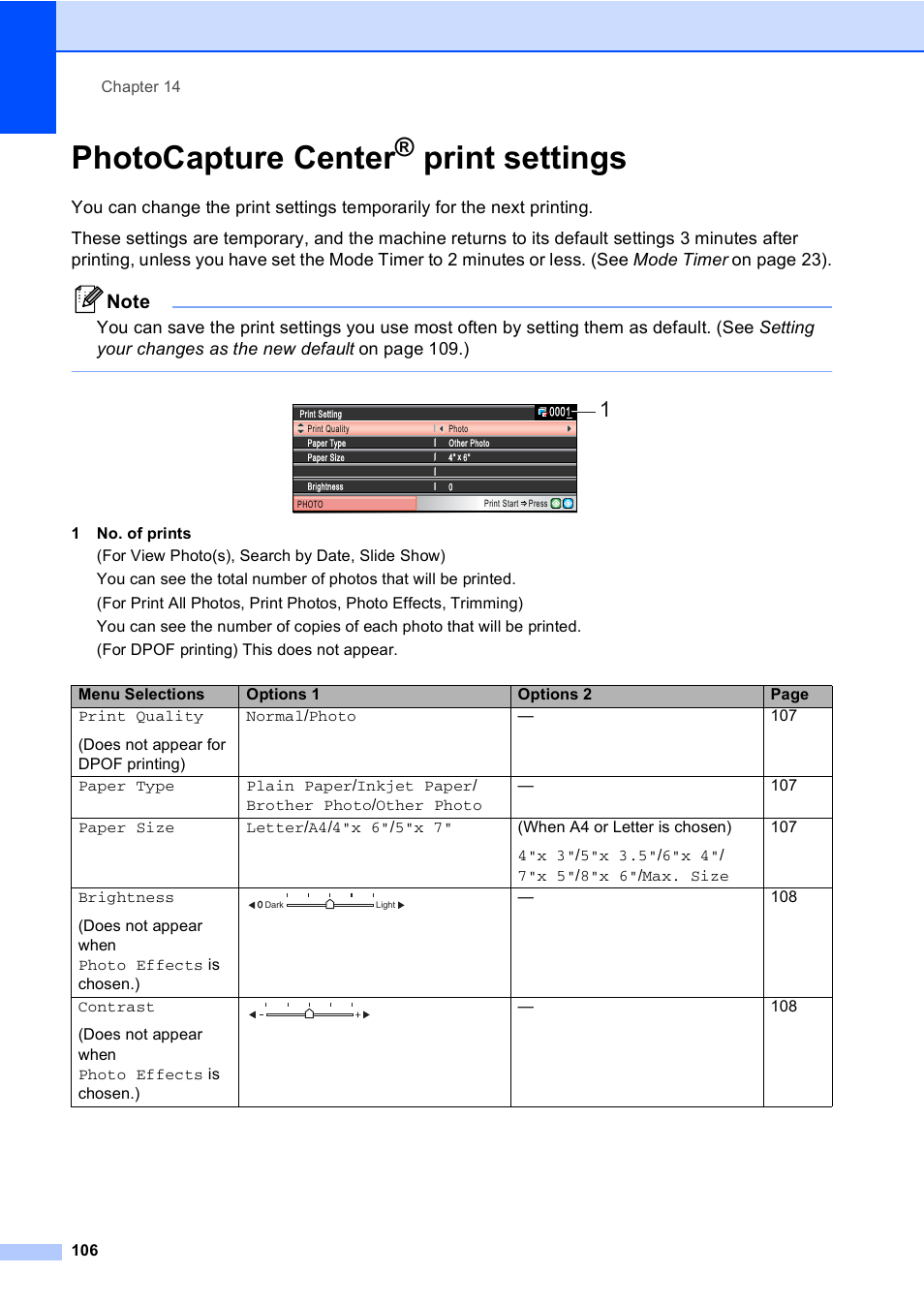 Photocapture center® print settings, Photocapture center, Print settings | Brother MFC-885CW User Manual | Page 122 / 218