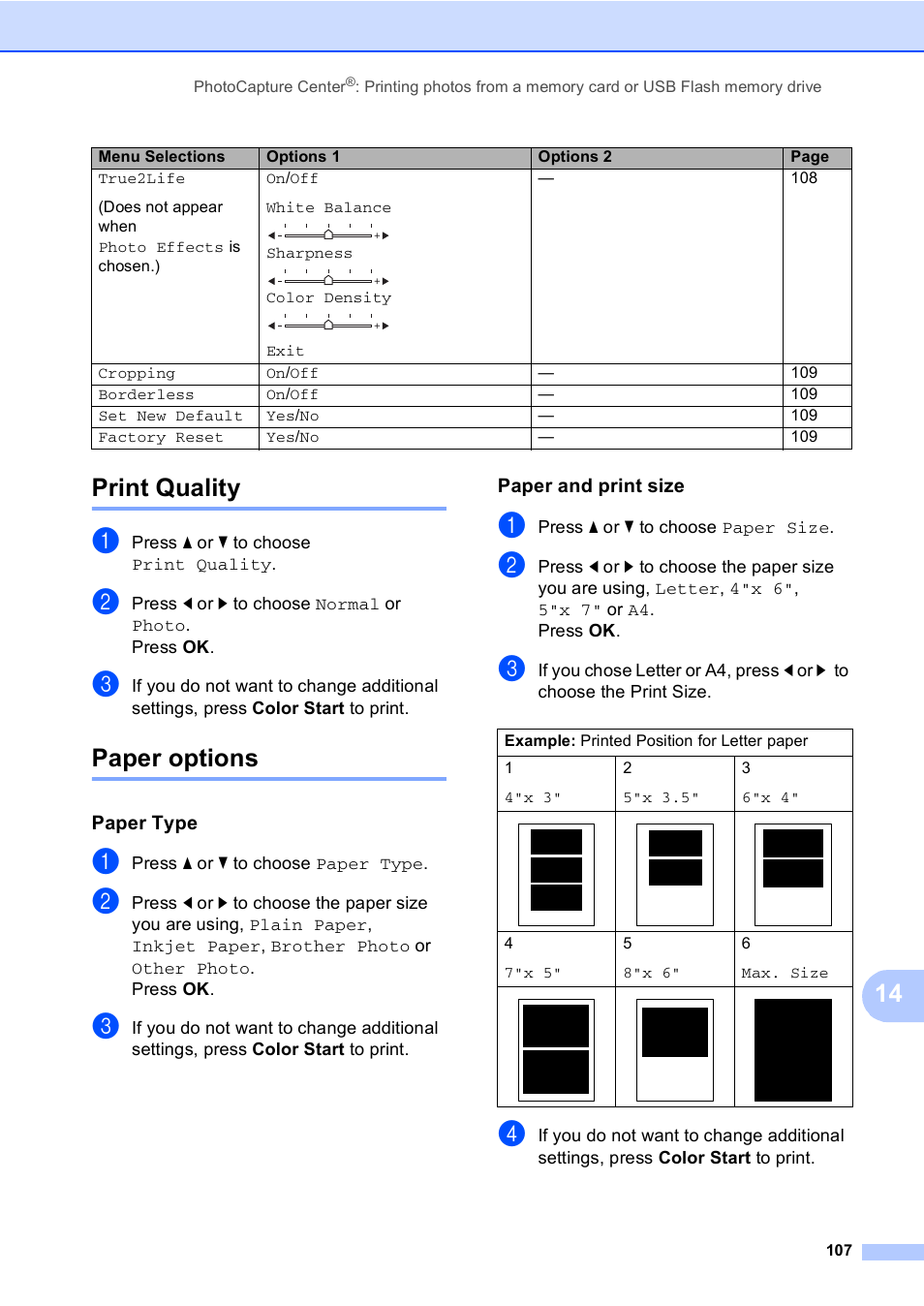 Print quality, Paper options, Paper type | Paper and print size, Print quality paper options, 14 print quality | Brother MFC-885CW User Manual | Page 123 / 218