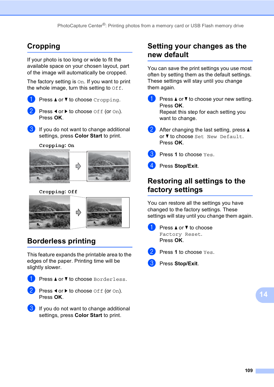 Cropping, Borderless printing, Setting your changes as the new default | Restoring all settings to the factory settings, 14 cropping | Brother MFC-885CW User Manual | Page 125 / 218