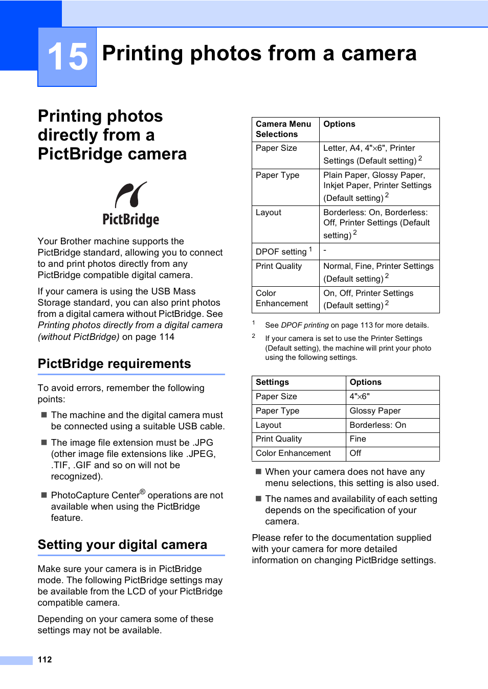 15 printing photos from a camera, Printing photos directly from a pictbridge camera, Pictbridge requirements | Setting your digital camera, Printing photos from a camera | Brother MFC-885CW User Manual | Page 128 / 218