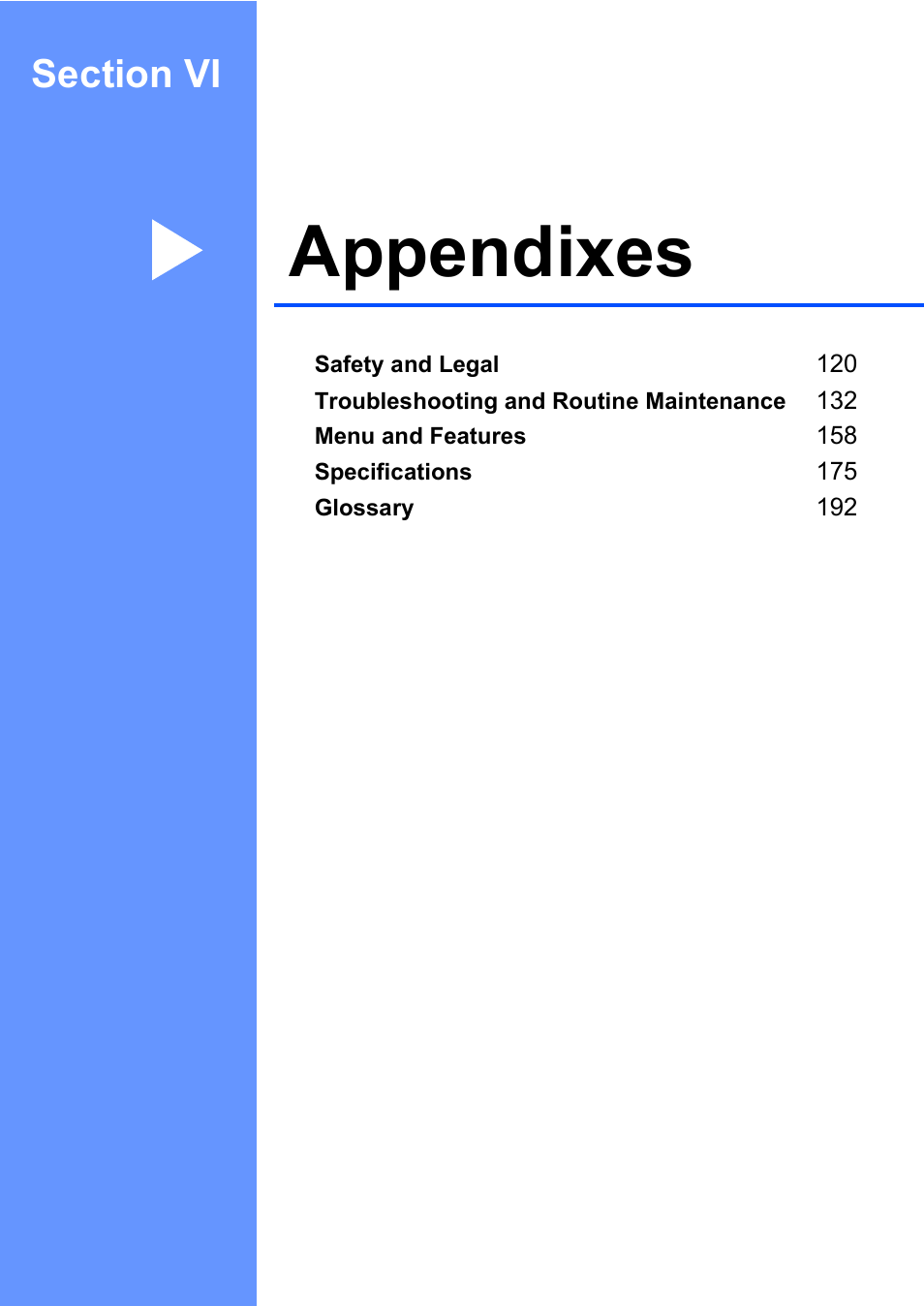 Section vi: appendixes, Section vi appendixes, Appendixes | Brother MFC-885CW User Manual | Page 135 / 218