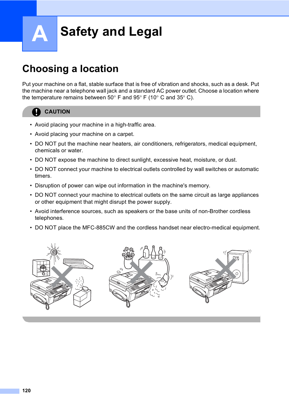 A safety and legal, Choosing a location, Safety and legal | Brother MFC-885CW User Manual | Page 136 / 218