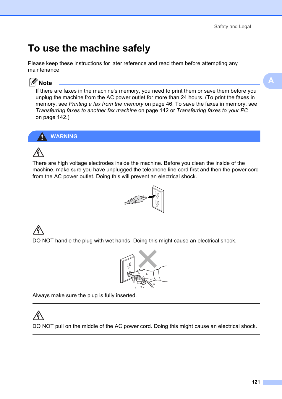 To use the machine safely, Warning, Always make sure the plug is fully inserted | Safety and legal 121 | Brother MFC-885CW User Manual | Page 137 / 218