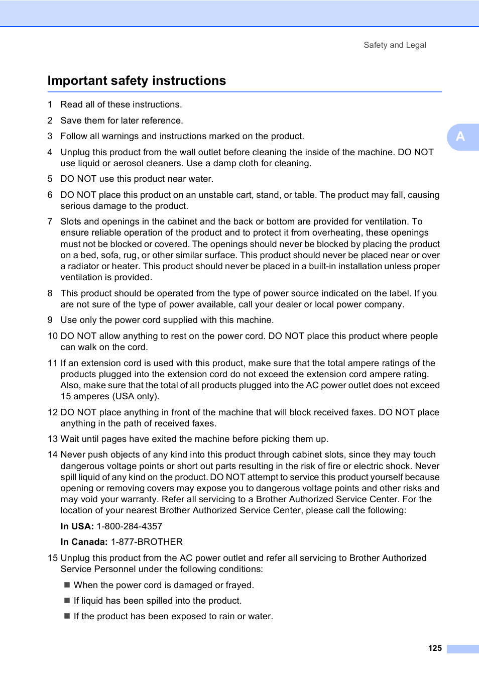 Important safety instructions, Aimportant safety instructions | Brother MFC-885CW User Manual | Page 141 / 218