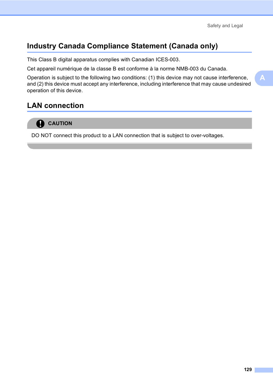 Industry canada compliance statement (canada only), Lan connection | Brother MFC-885CW User Manual | Page 145 / 218