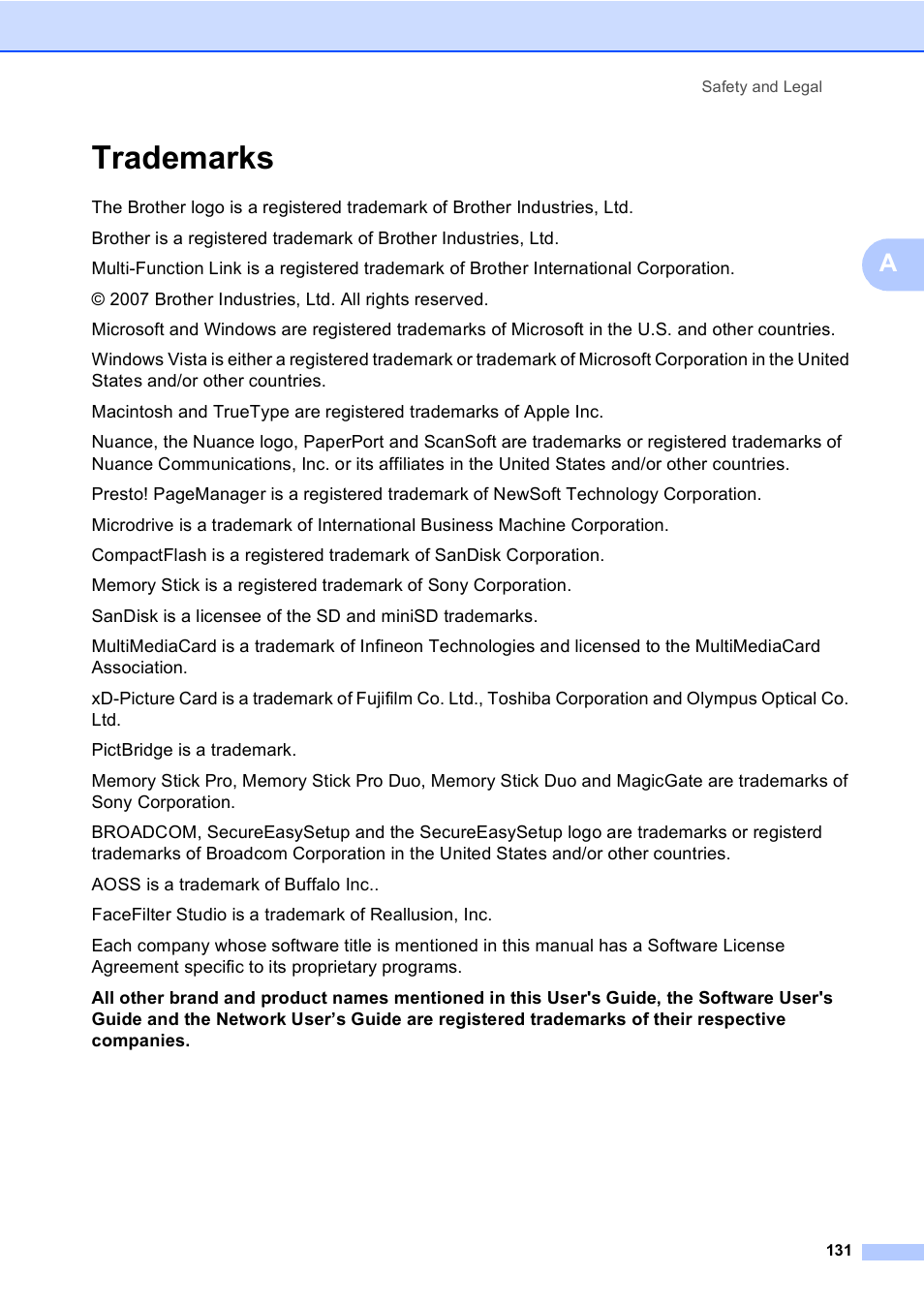 Trademarks | Brother MFC-885CW User Manual | Page 147 / 218