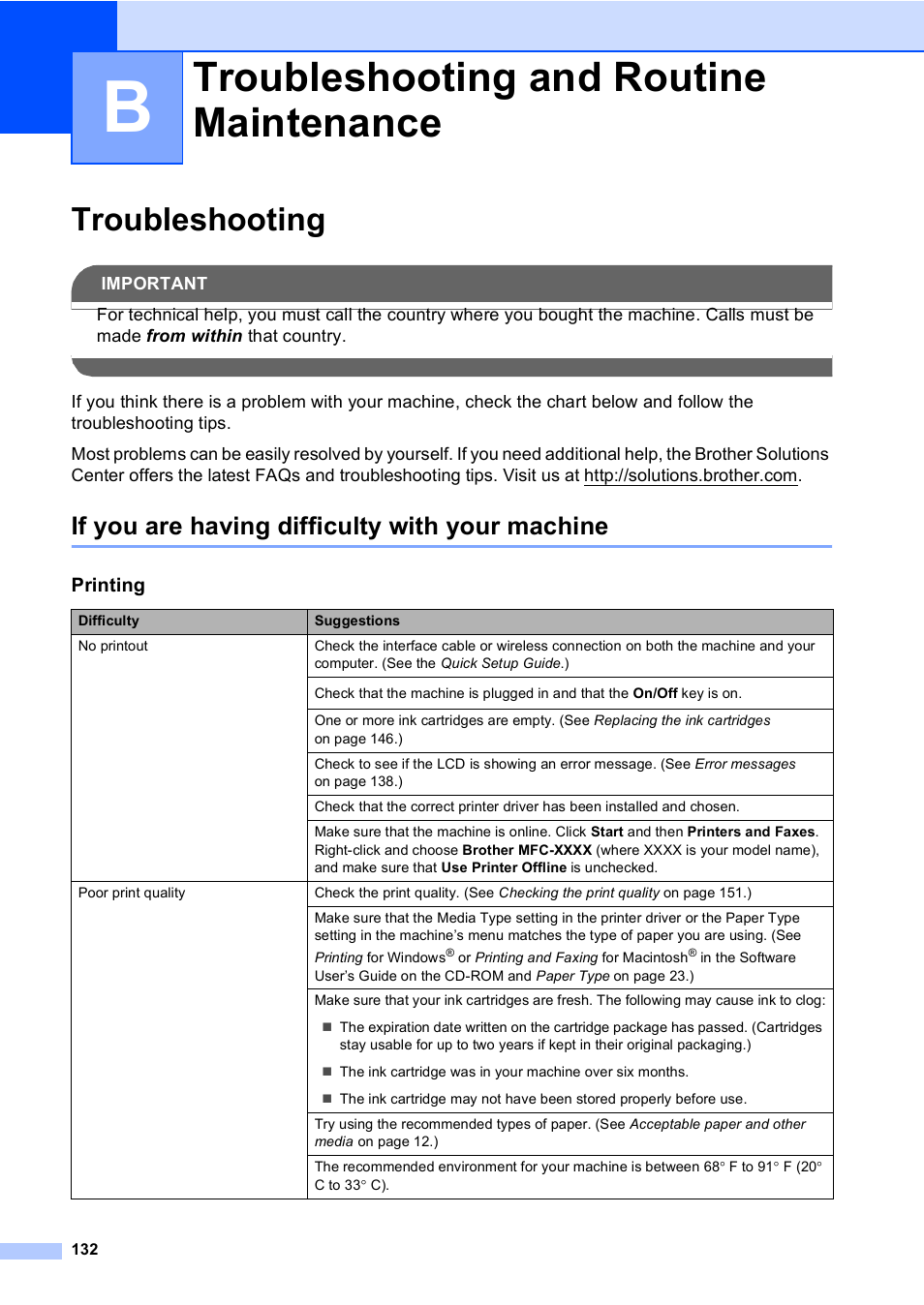 B troubleshooting and routine maintenance, Troubleshooting, If you are having difficulty with your machine | Troubleshooting and routine maintenance | Brother MFC-885CW User Manual | Page 148 / 218