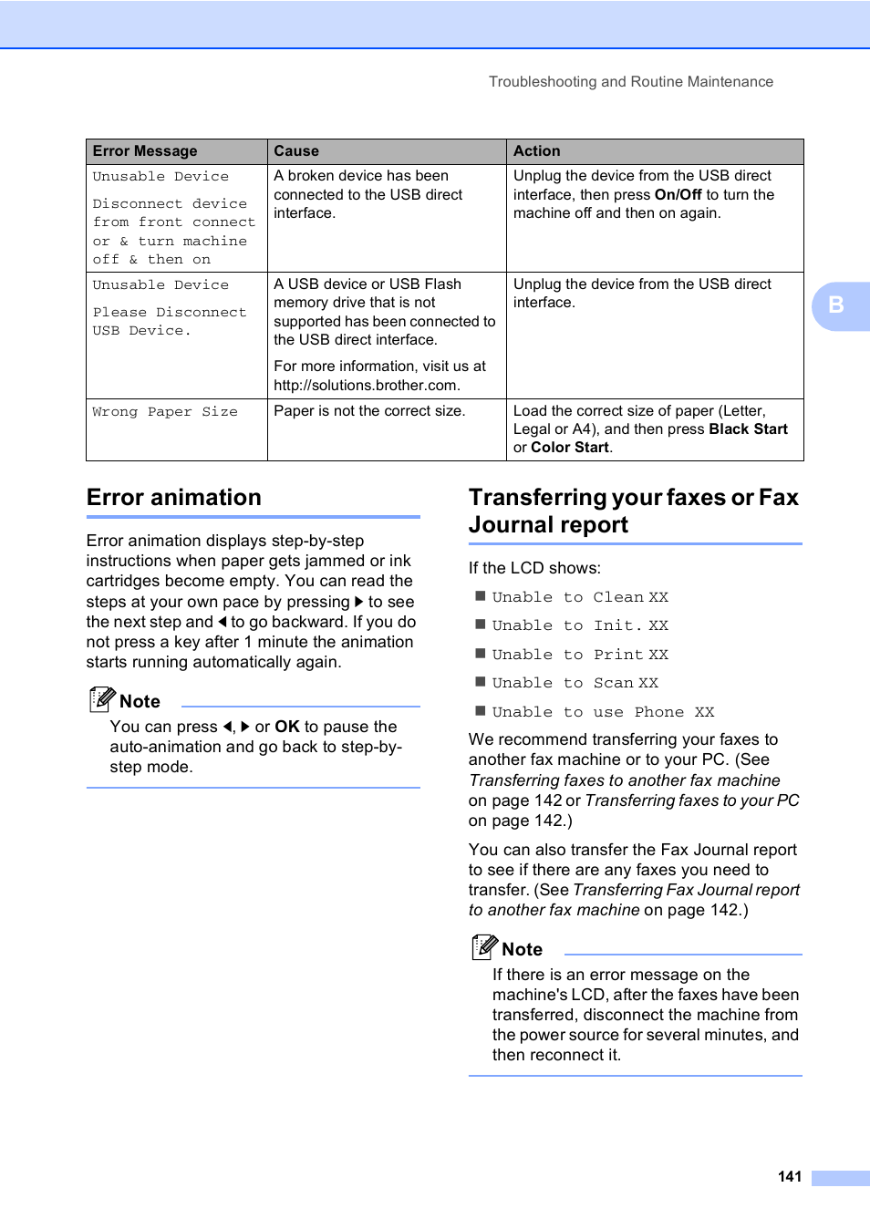 Error animation, Transferring your faxes or fax journal report, Berror animation | Brother MFC-885CW User Manual | Page 157 / 218