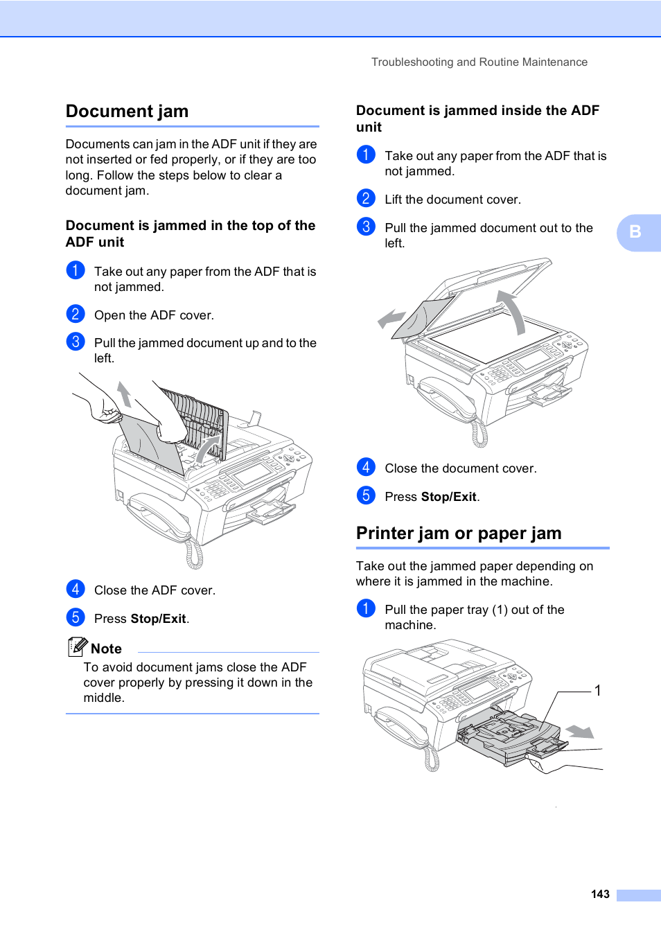 Document jam, Document is jammed in the top of the adf unit, Document is jammed inside the adf unit | Printer jam or paper jam, Document jam printer jam or paper jam, Bdocument jam | Brother MFC-885CW User Manual | Page 159 / 218