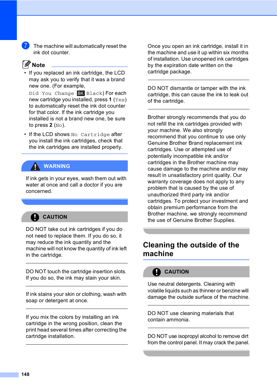 Cleaning the outside of the machine, Warning, Caution | Do not use cleaning materials that contain ammonia | Brother MFC-885CW User Manual | Page 164 / 218
