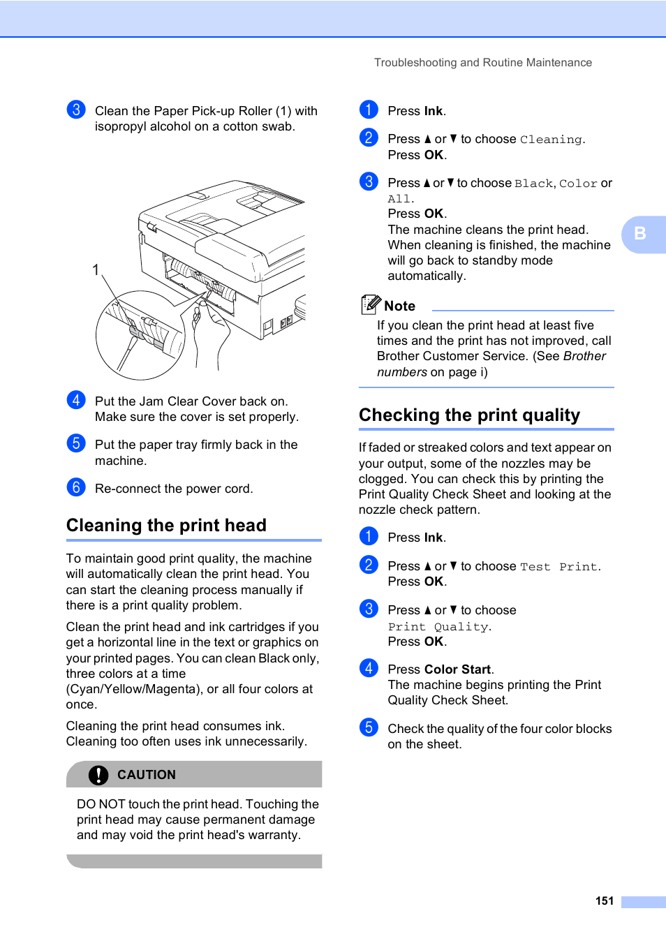 Cleaning the print head, Checking the print quality, Cleaning the print head checking the print quality | Brother MFC-885CW User Manual | Page 167 / 218