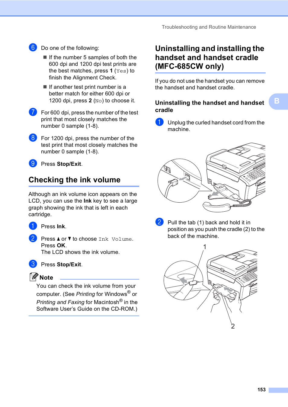 Checking the ink volume, Uninstalling the handset and handset cradle, Mfc-685cw only) | Brother MFC-885CW User Manual | Page 169 / 218