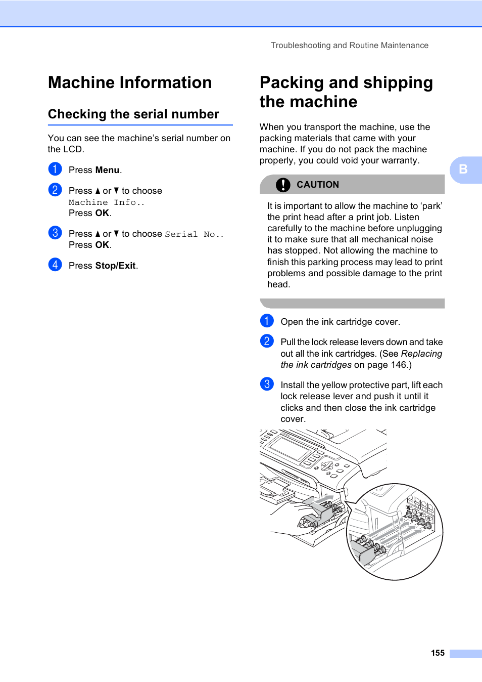 Machine information, Checking the serial number, Packing and shipping the machine | Brother MFC-885CW User Manual | Page 171 / 218