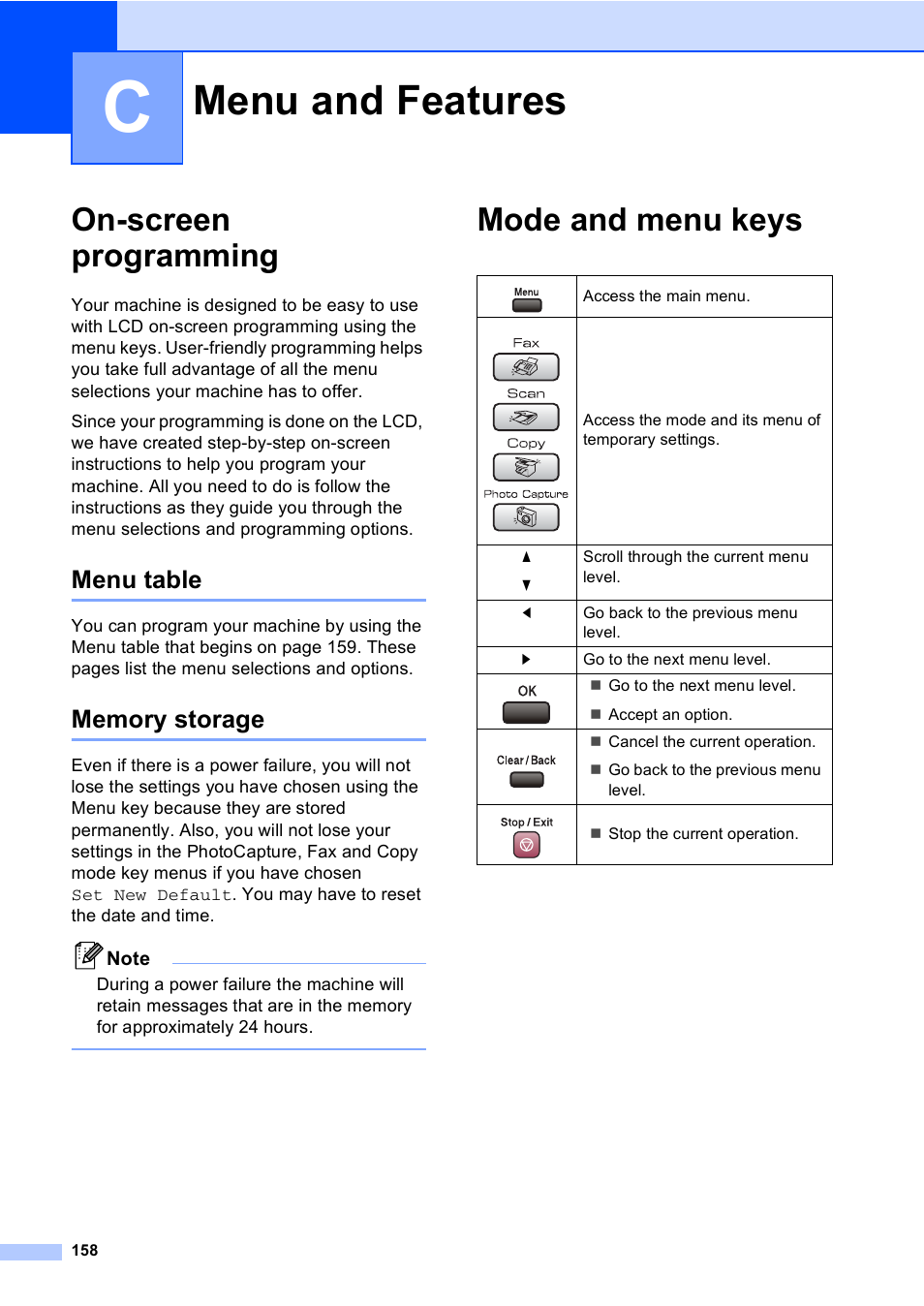 C menu and features, On-screen programming, Menu table | Memory storage, Mode and menu keys, Menu and features, Menu table memory storage | Brother MFC-885CW User Manual | Page 174 / 218