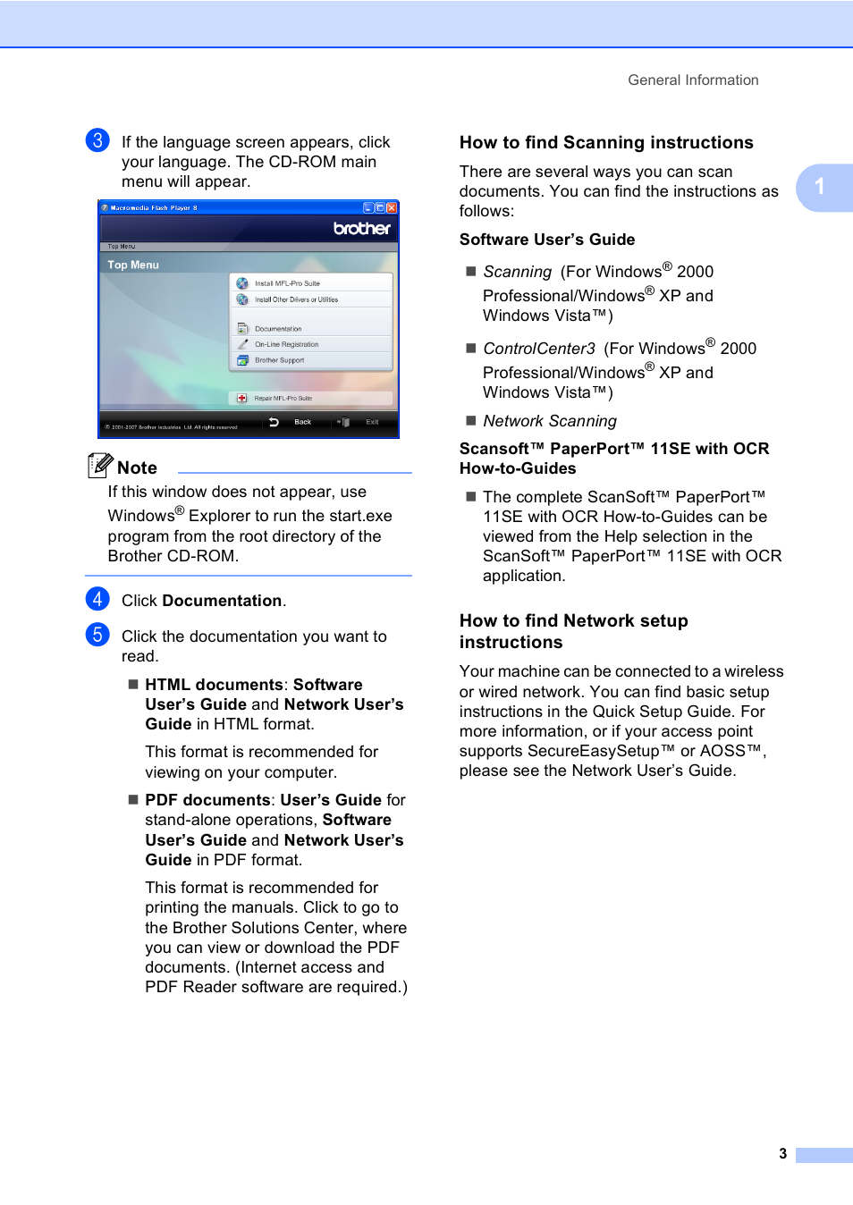 How to find scanning instructions, How to find network setup instructions | Brother MFC-885CW User Manual | Page 19 / 218